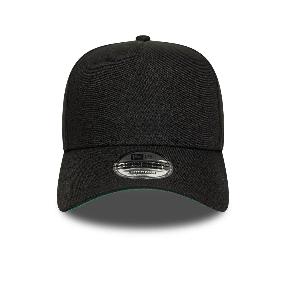 New Era Black 9FORTY A-Frame Adjustable Cap, front view showing a curved black visor with a green undervisor, a prominent central 9FORTY size sticker, and a structured crown for a modern fit.