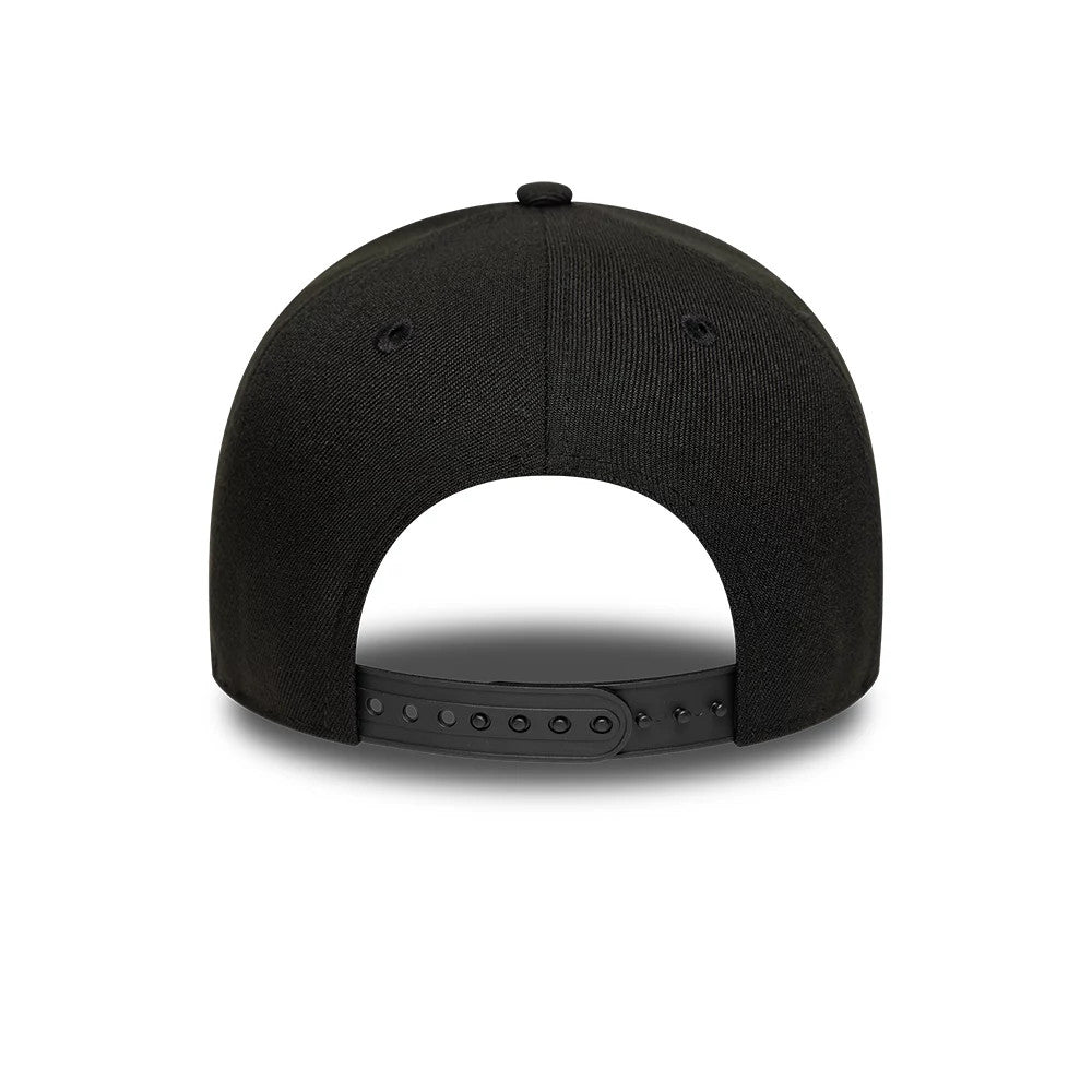New Era Black 9FORTY A-Frame Adjustable Cap, rear view showing the plastic adjustable strap with a series of holes for resizing, the minimalist black design on the crown, and the distinct curvature of the black visor.