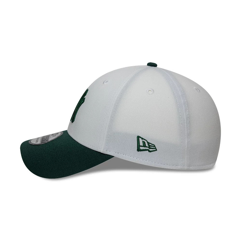 New York Yankees MLB White New Era 39THIRTY Stretch Fit Cap, side view showing the green New Era flag logo on the left side, a structured white crown with multiple eyelets, and a curved green visor with a 39THIRTY size sticker on top.