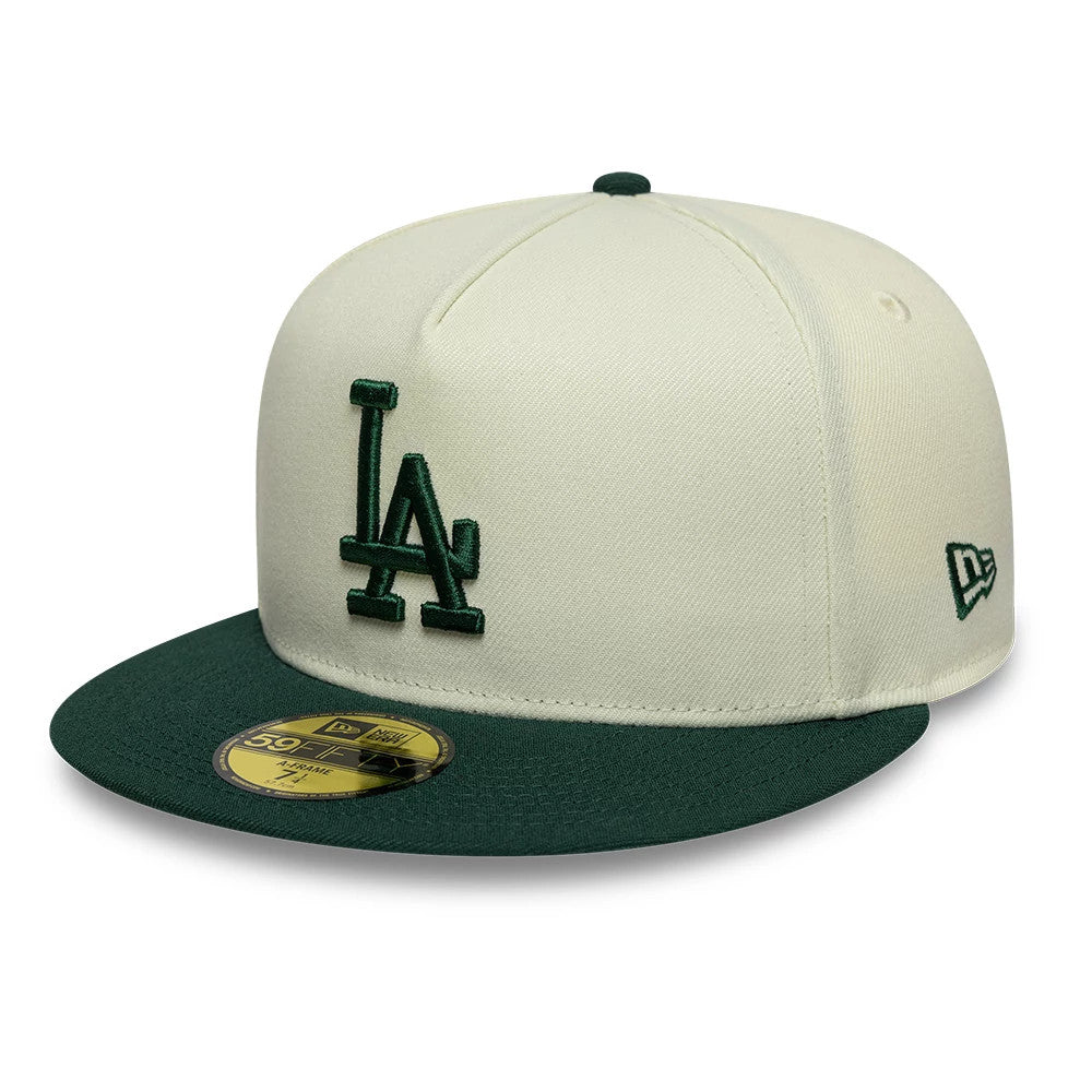 LA Dodgers MLB Cream New Era 59FIFTY A-Frame Fitted Cap, front view featuring a raised green embroidered LA logo on the front panel, a dark green visor with a gold 59FIFTY size sticker, and the New Era flag logo on the left side.