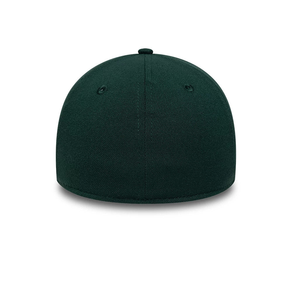 LA Dodgers MLB Dark Green New Era 39THIRTY Stretch Fit Cap, rear view showing the dark green structured crown without any additional logos, with matching eyelets and a top button, creating a and continuous colour profile.