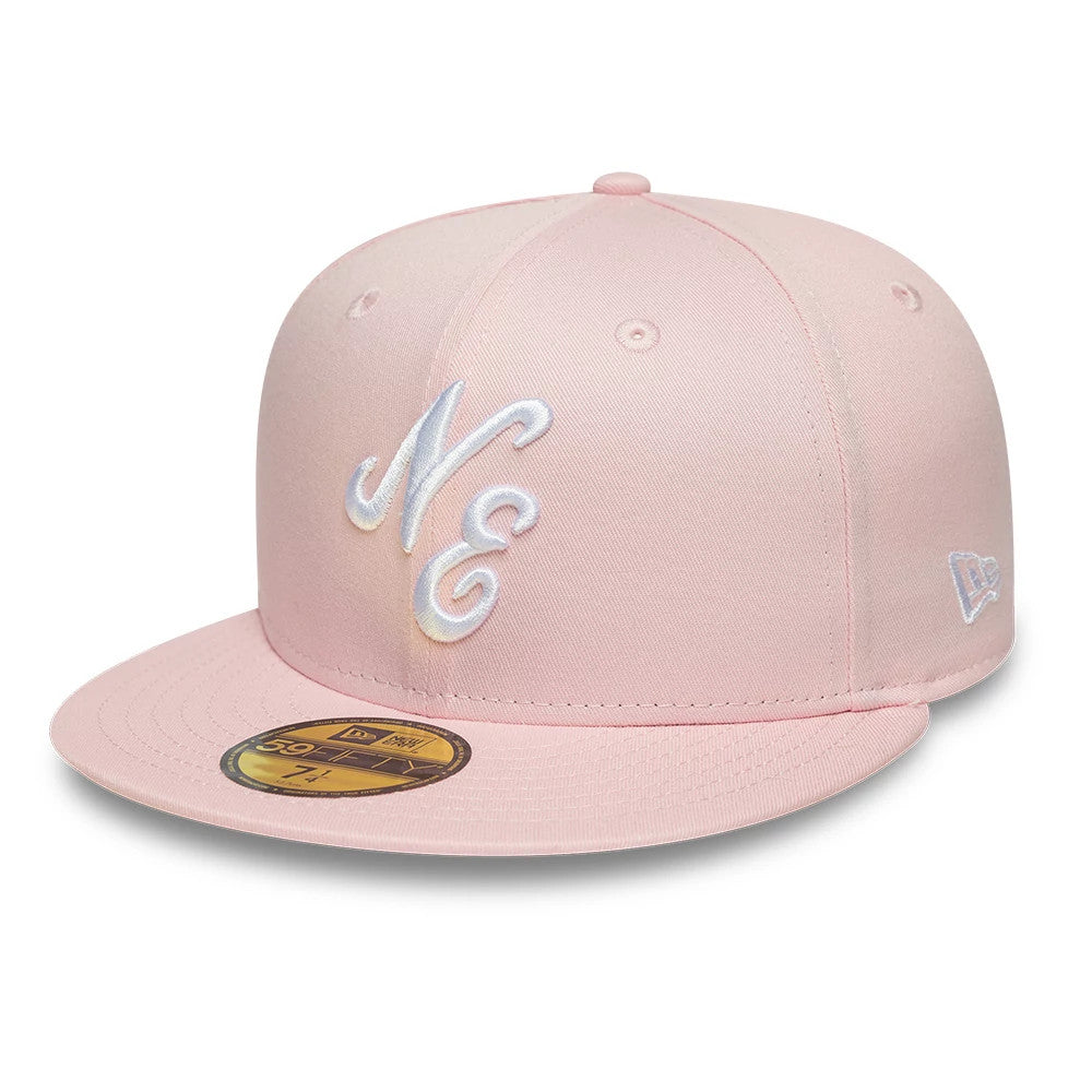 New Era Heritage Connect Pastel Pink 59FIFTY Fitted Cap, three-quarter view with a raised white embroidered NE logo on the front panel, a matching pastel pink flat visor with a gold 59FIFTY size sticker.