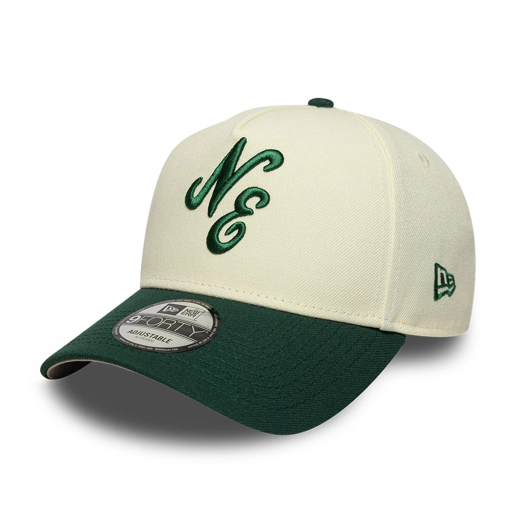 New Era White 9FORTY A-Frame Adjustable Cap, front view showing raised green Ne embroidery on the structured white crown, a dark green curved visor, and a 9FORTY size sticker on the visor along with a green New Era flag logo on the left side.