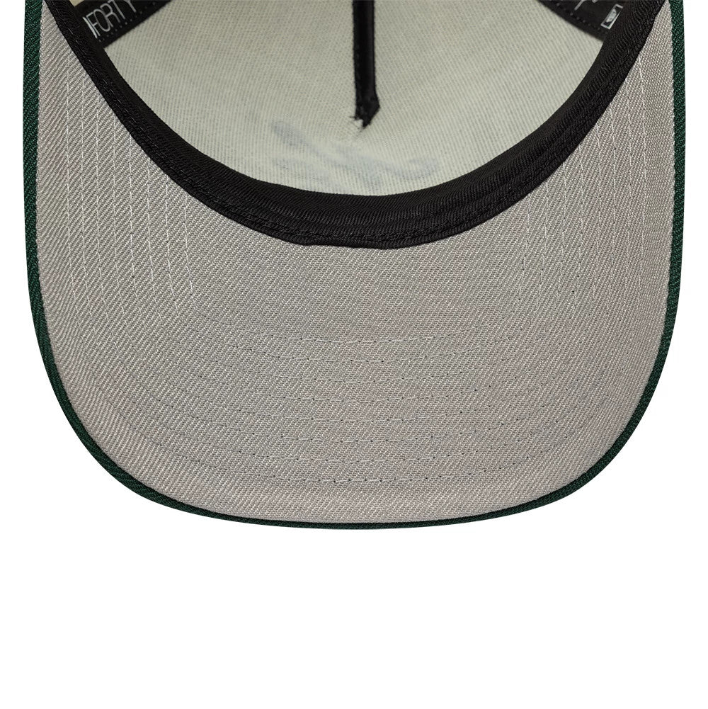 New Era White 9FORTY A-Frame Adjustable Cap, inside view featuring a grey undervisor with stitching, black sweatband with the 9FORTY logo, and black taping lining the interior crown for a clean and structured look.