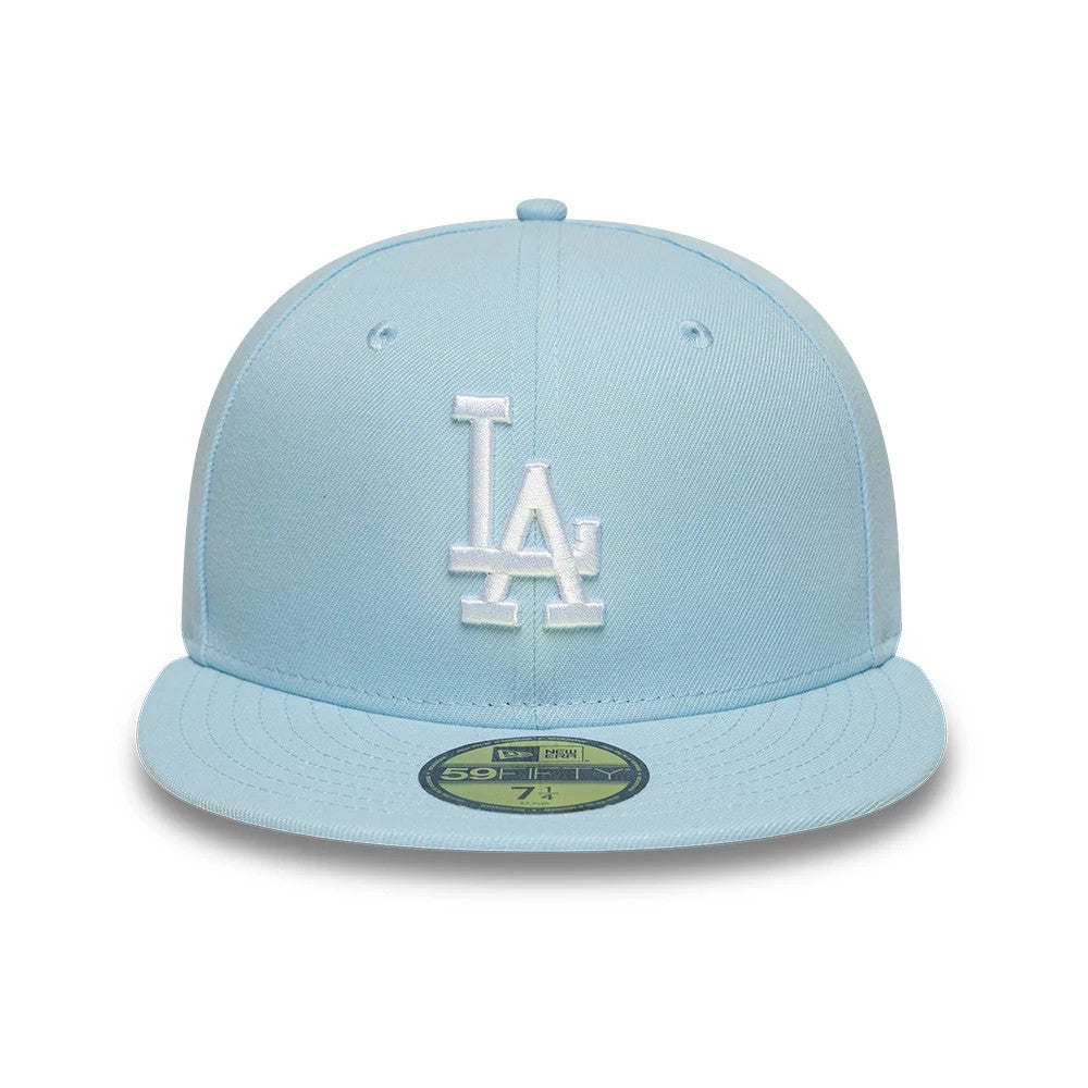 LA Dodgers MLB Pastel Blue New Era 59FIFTY Fitted Cap, front view with the white embroidered LA logo prominently displayed on the structured pastel blue crown, accompanied by a gold 59FIFTY size sticker on the flat pastel blue visor.