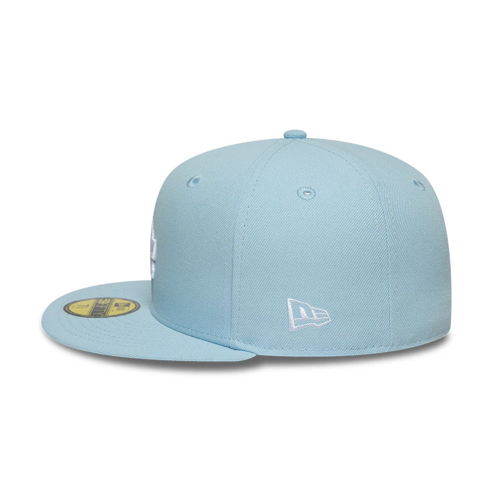LA Dodgers MLB Pastel Blue New Era 59FIFTY Fitted Cap, side view showing the white New Era flag logo on the left side, the structured pastel blue crown with embroidered eyelets, and the flat pastel blue visor with a gold 59FIFTY size sticker.