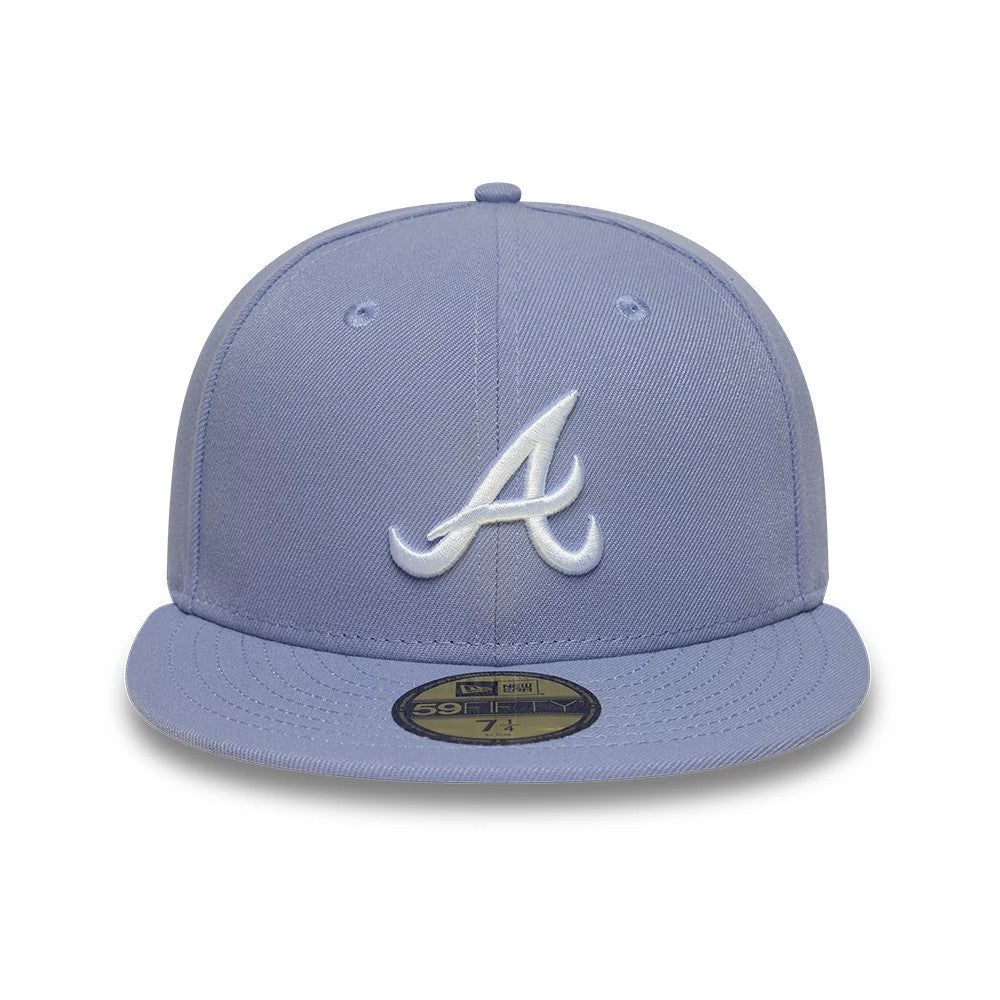 Atlanta Braves MLB Pastel Purple New Era 59FIFTY Fitted Cap, front view showing a raised white embroidered A logo on the front panel, pastel purple flat visor, and a gold 59FIFTY size sticker on the centre of the visor.