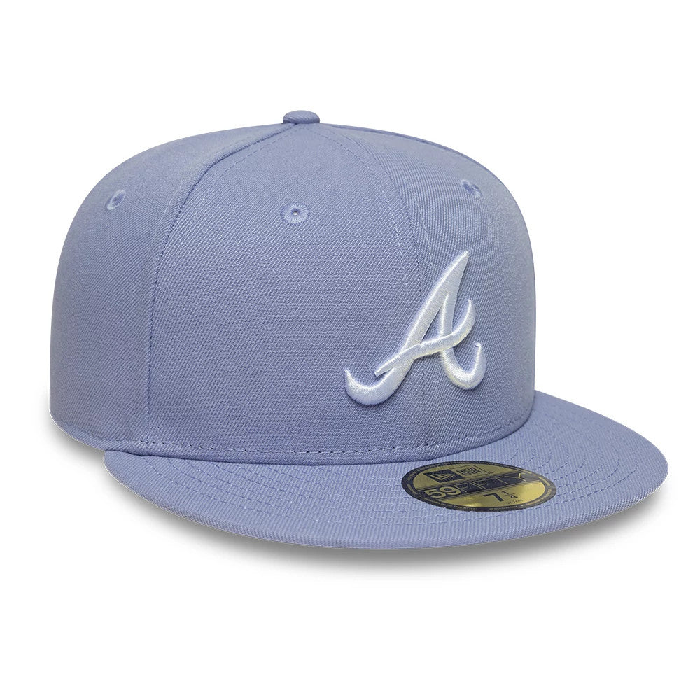 Atlanta Braves MLB Pastel Purple New Era 59FIFTY Fitted Cap, three-quarter view showing the raised white embroidered A logo on the front panel, with a flat pastel purple visor and a gold 59FIFTY size sticker on the visor.