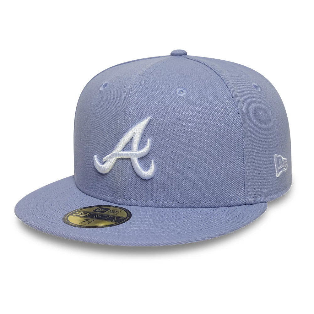 Atlanta Braves MLB Pastel Purple New Era 59FIFTY Fitted Cap, front view showing a prominent white embroidered A logo on the front panel, a flat pastel purple visor with a gold 59FIFTY size sticker, and a New Era flag logo on the left side.