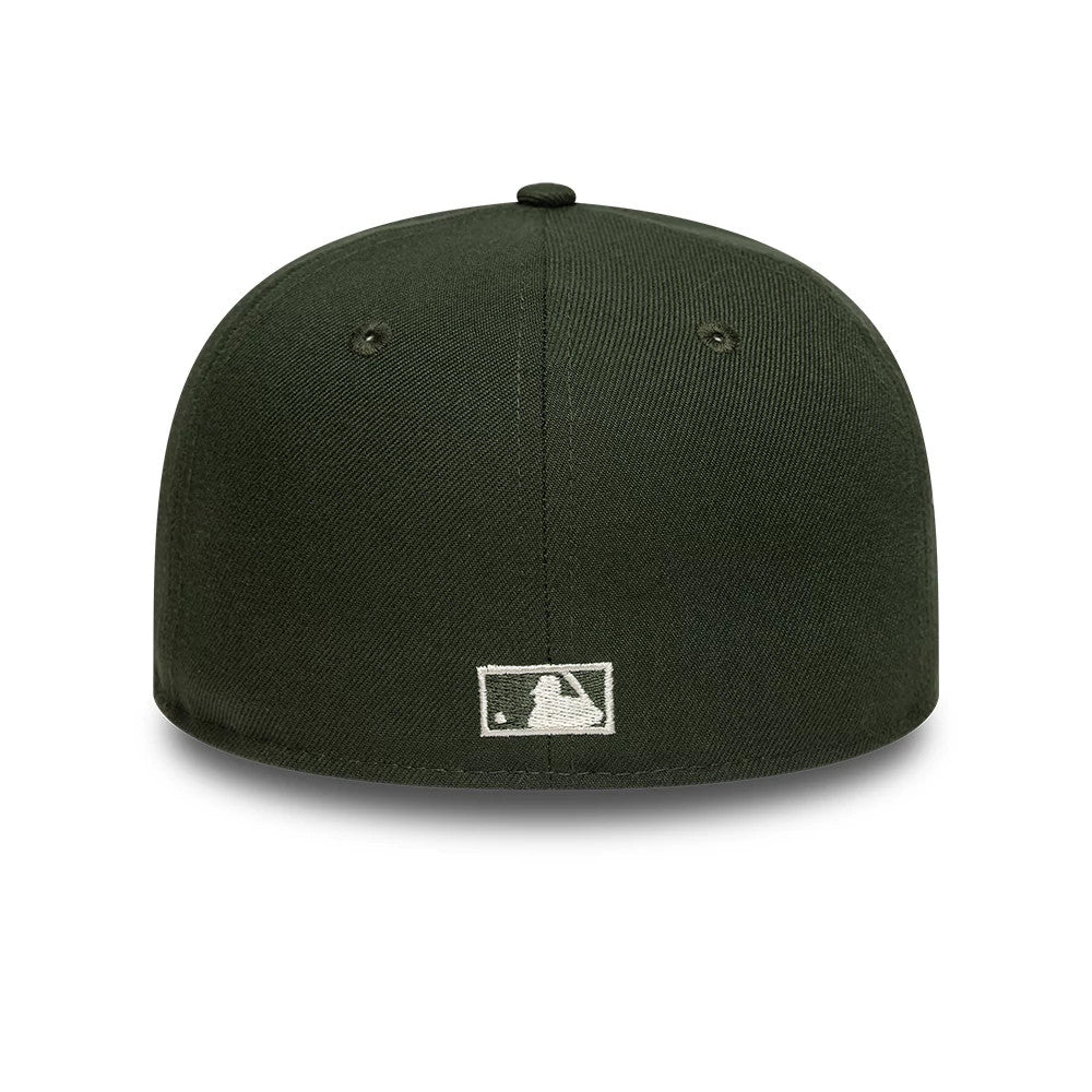 New York Yankees MLB Sidepatch Dark Green New Era 59FIFTY Fitted Cap, rear view showing the white embroidered MLB Batterman logo at the centre back of the structured dark green crown, with eyelets and top button matching the fabric.