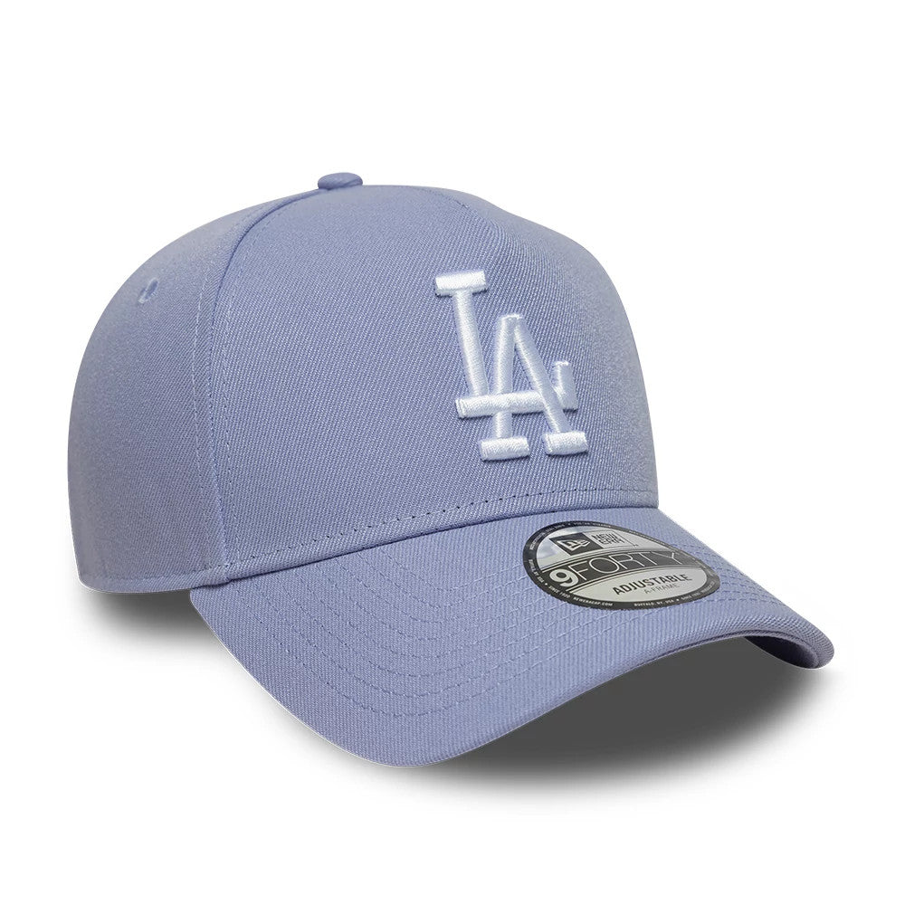 LA Dodgers MLB Pastel Purple New Era 9FORTY A-Frame Adjustable Cap, front view showing the raised white embroidered LA logo on the structured pastel purple front panel, with a curved purple visor and a 9FORTY size sticker.