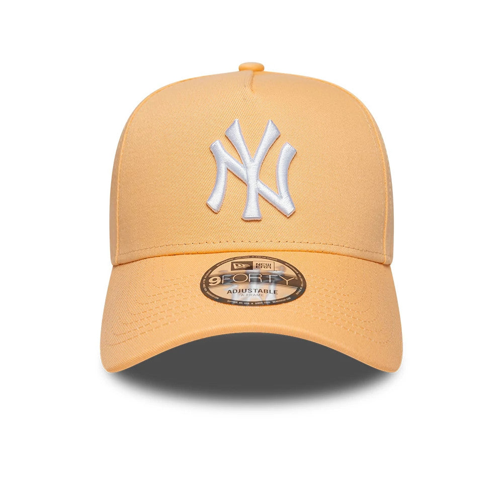 New York Yankees MLB Pastel Orange New Era 9FORTY A-Frame Adjustable Cap, front view showing white raised embroidered NY logo on the structured pastel orange crown, curved visor with brown 9FORTY size sticker, and stitching.