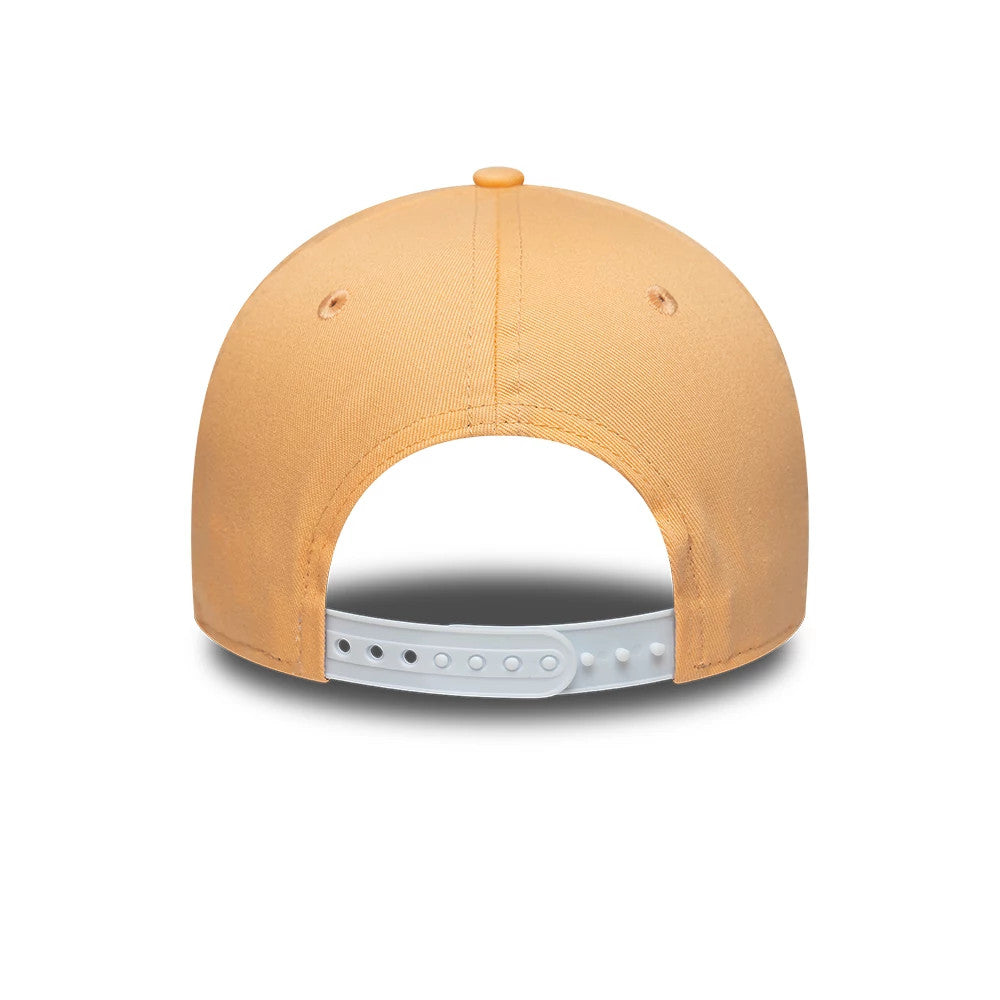 New York Yankees MLB Pastel Orange New Era 9FORTY A-Frame Adjustable Cap, rear view showing a pastel orange structured crown with matching top button and eyelets, featuring a grey adjustable strap and an opening at the centre back.