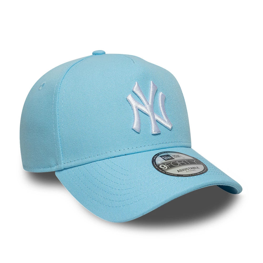 New York Yankees MLB Pastel Blue New Era 9FORTY A-Frame Adjustable Cap, three-quarter view showing the white raised embroidered NY logo on the front panel, curved visor with 9FORTY size sticker, and matching top button.