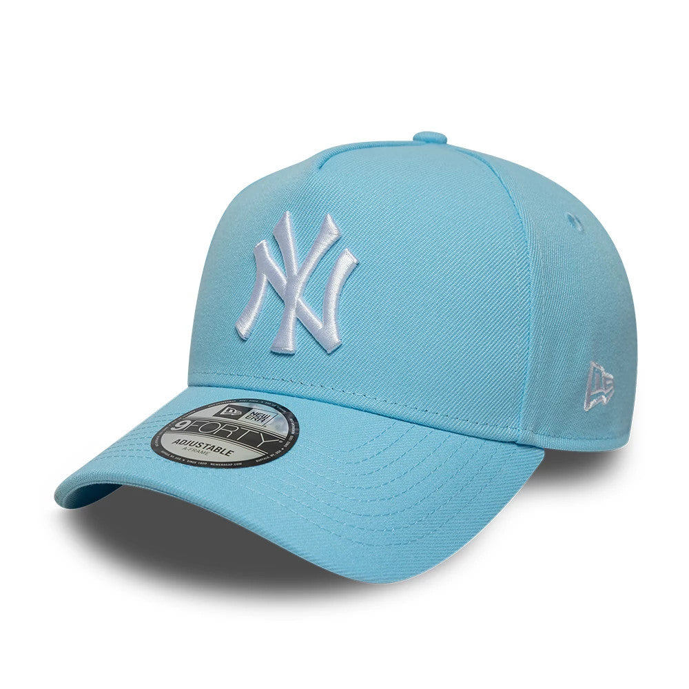 New York Yankees MLB Pastel Blue New Era 9FORTY A-Frame Adjustable Cap, three-quarter view showing the white raised embroidered NY logo on the front panel, matching pastel blue curved visor with a 9FORTY size sticker.
