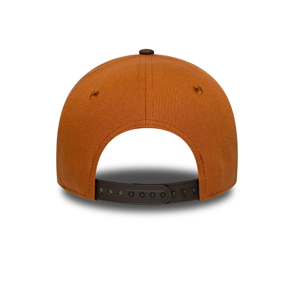 New York Yankees MLB Brown New Era 9FORTY A-Frame Adjustable Cap, rear view showing the brown structure of the crown, eyelets matching the fabric, and the dark brown adjustable strap with a classic snap closure at the base of the panels.