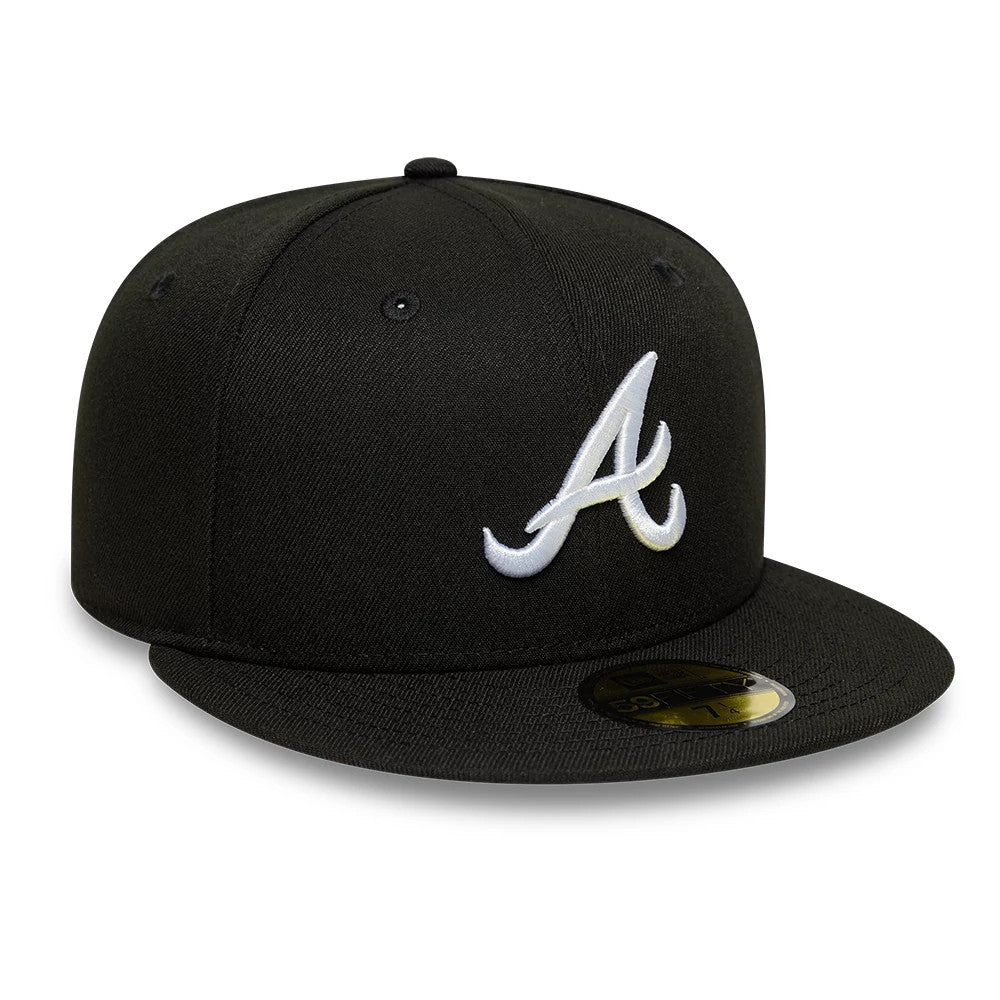 Atlanta Braves MLB Black New Era 59FIFTY Fitted Cap, three-quarter view showing the white embroidered A logo on the front panel, a flat black visor with a gold 59FIFTY size sticker, and a structured black crown with matching top button.