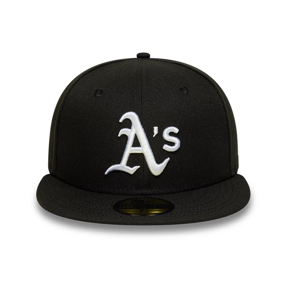Athletics MLB Black New Era 59FIFTY Fitted Cap, front view showing white raised embroidery of the A's logo on the front panel, a black flat visor, and a gold 59FIFTY size sticker on the centre front of the visor.