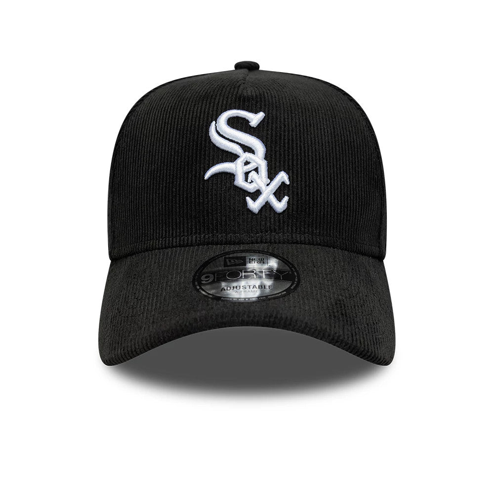 Chicago White Sox MLB Cord Black New Era 9FORTY A-Frame Adjustable Cap, front view showing the white embroidered Sox logo on the structured black corduroy crown, with a black pre-curved visor and a 9FORTY size sticker in the centre.