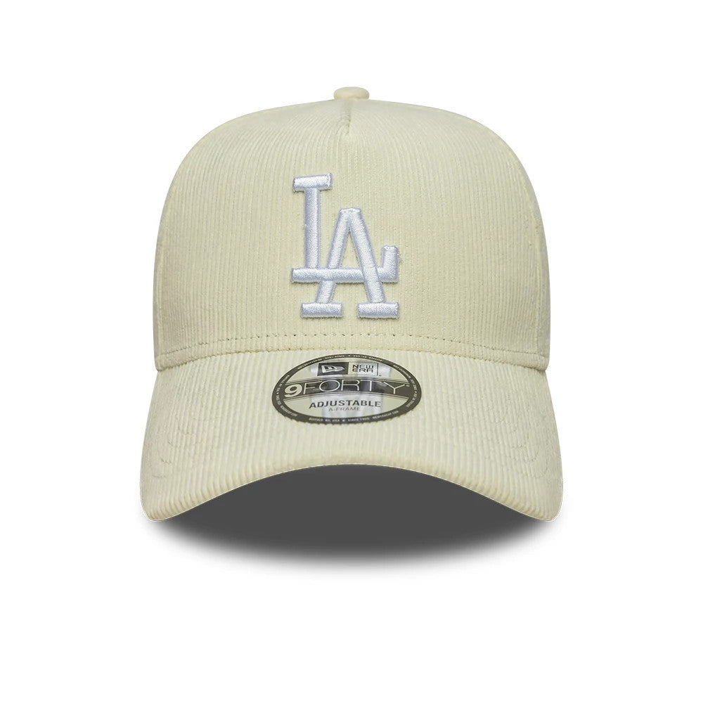 LA Dodgers MLB Cord Cream New Era 9FORTY A-Frame Adjustable Cap, front view showing the white embroidered LA logo on the structured cream corduroy crown, with a curved visor and a 9FORTY size sticker centrally placed.