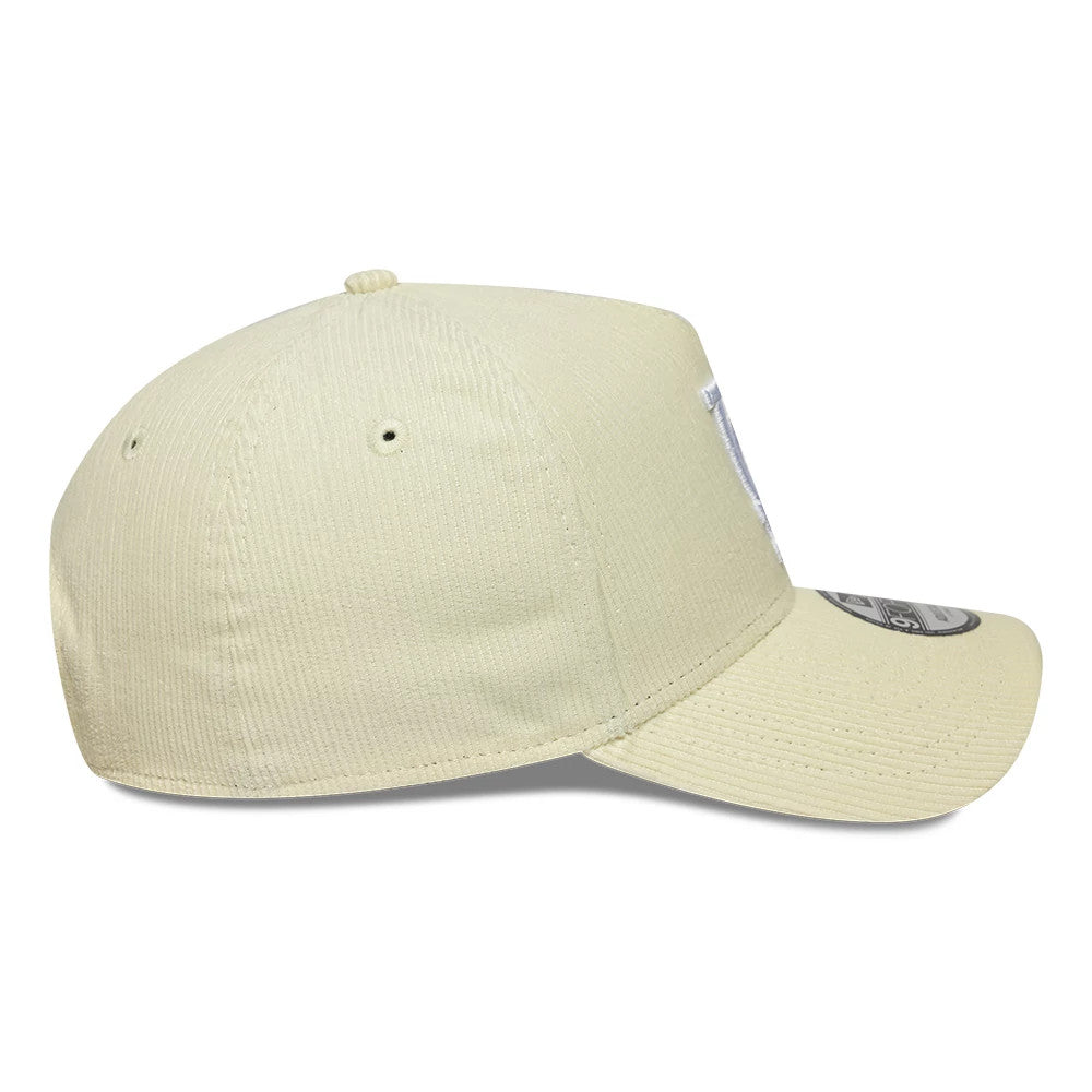 LA Dodgers MLB Cord Cream New Era 9FORTY A-Frame Adjustable Cap, side view showing the neutral cream cord texture, the white embroidered LA logo on the structured front panel, and the New Era flag logo on the left side, with a curved visor.
