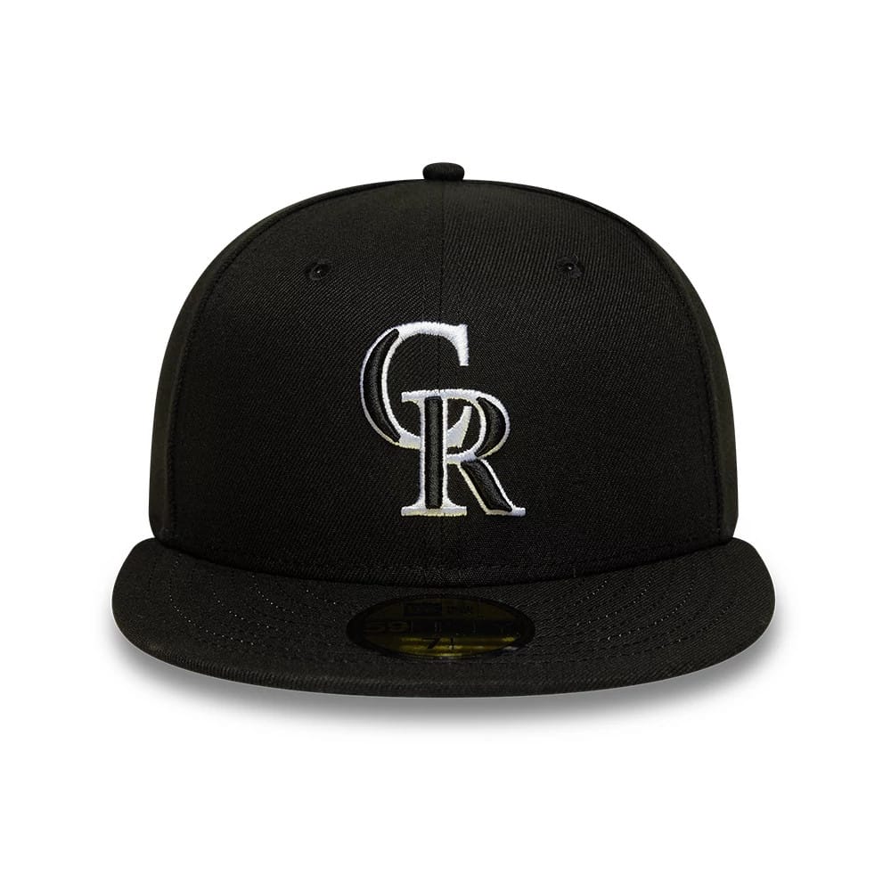 Colorado Rockies MLB Black New Era 59FIFTY Fitted Cap, front view showing the raised white embroidered CR logo on the black front panel, a flat black visor, and a gold 59FIFTY size sticker centred on the visor.