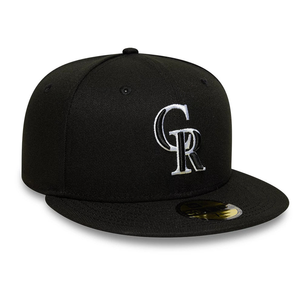 Colorado Rockies MLB Black New Era 59FIFTY Fitted Cap, front view showing raised white and grey embroidered CR logo on the front panel, black flat visor with a gold 59FIFTY size sticker, and top button with eyelets.