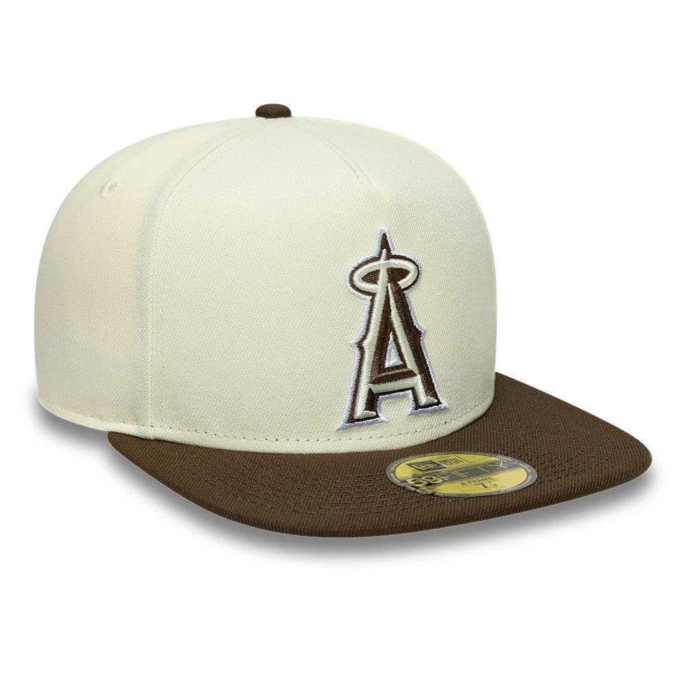 LA Angels MLB Cream New Era 59FIFTY A-Frame Fitted Cap, three-quarter view showing a brown embroidered haloed A logo on the cream front panel, with a flat brown visor and a gold 59FIFTY size sticker on the visor.