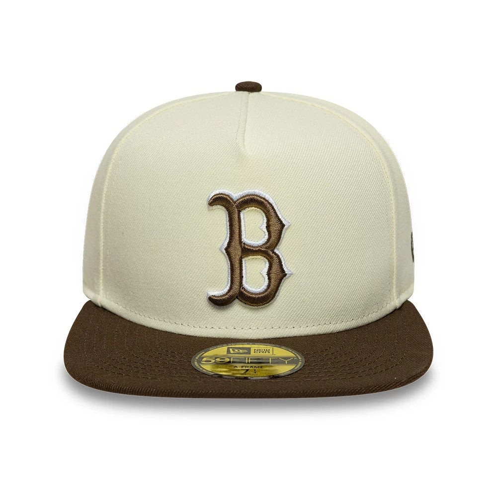 Boston Red Sox MLB Cream New Era 59FIFTY A-Frame Fitted Cap, front view showing the brown and white embroidered B logo on the cream front panels, a brown flat visor, and the gold 59FIFTY size sticker on the visor.