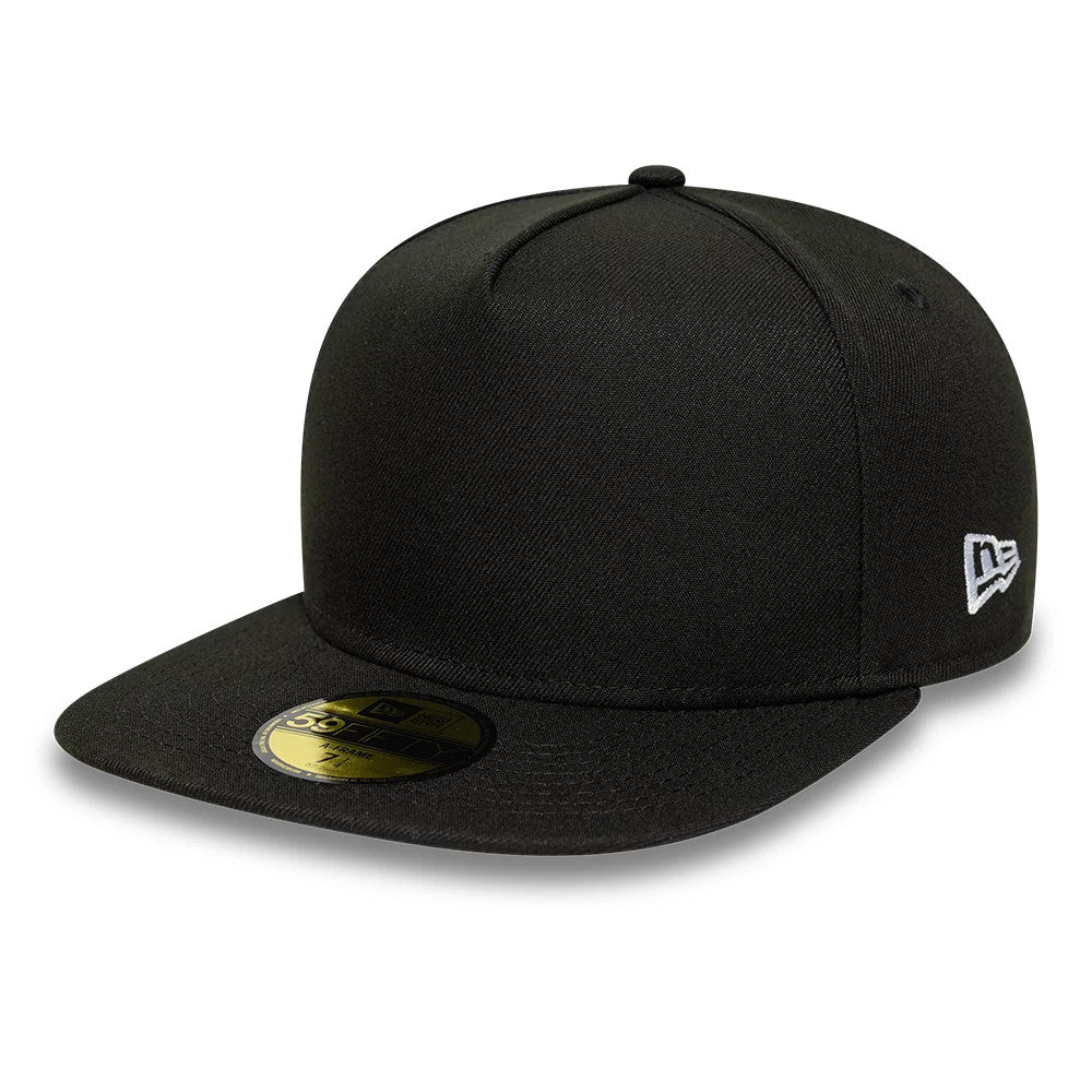 New Era Black 59FIFTY A-Frame Fitted Cap, three-quarter view showing the structured black crown with a curved flat visor, a white embroidered New Era flag logo on the left side, and a gold 59FIFTY size sticker on the visor.