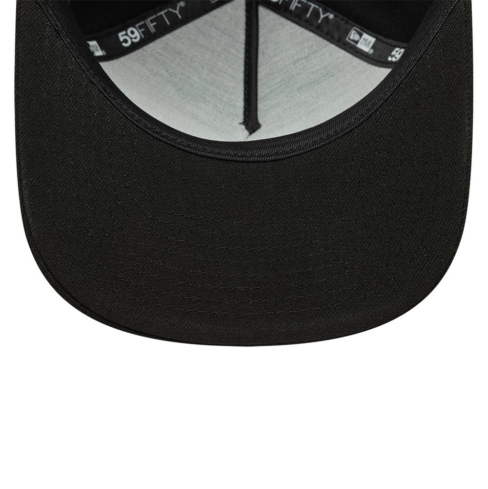 New Era Black 59FIFTY A-Frame Fitted Cap, inside view showing the black undervisor, matching black taping with repeated white 59FIFTY branding and a grey sweatband lining the interior crown for comfort and structure.