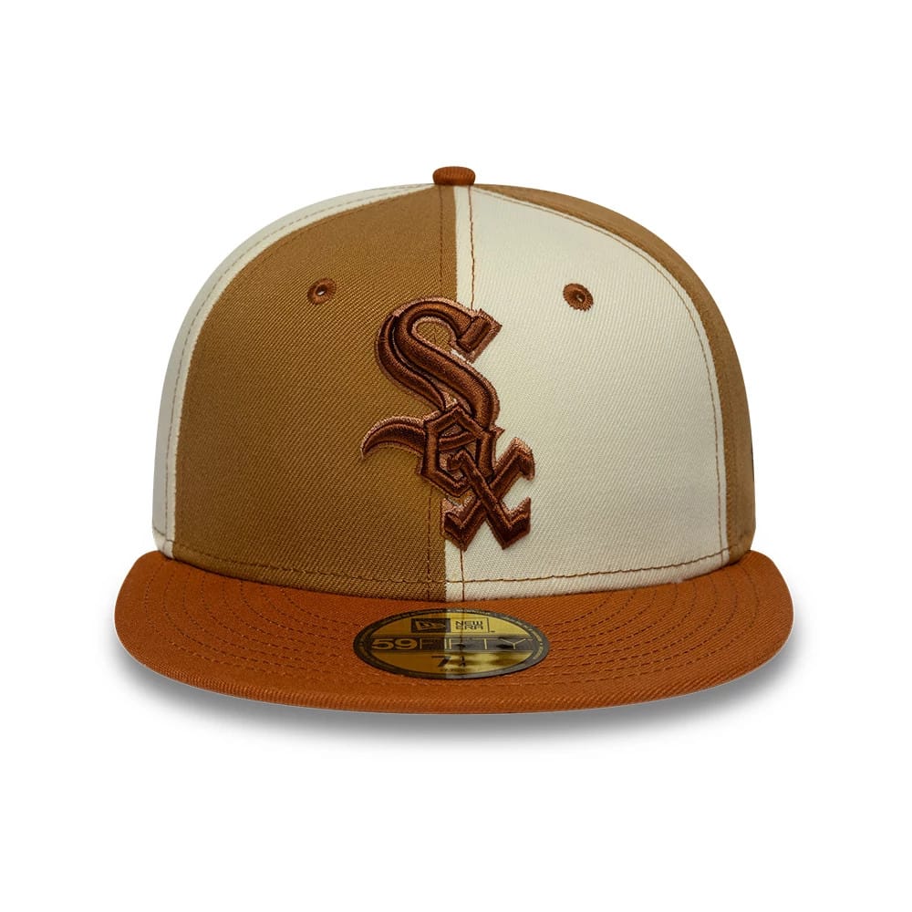 Chicago White Sox MLB Contrast White New Era 59FIFTY Fitted Cap, front view showing the two-tone brown and white panels with the embroidered white Sox logo on the front, brown visor, and gold 59FIFTY size sticker.