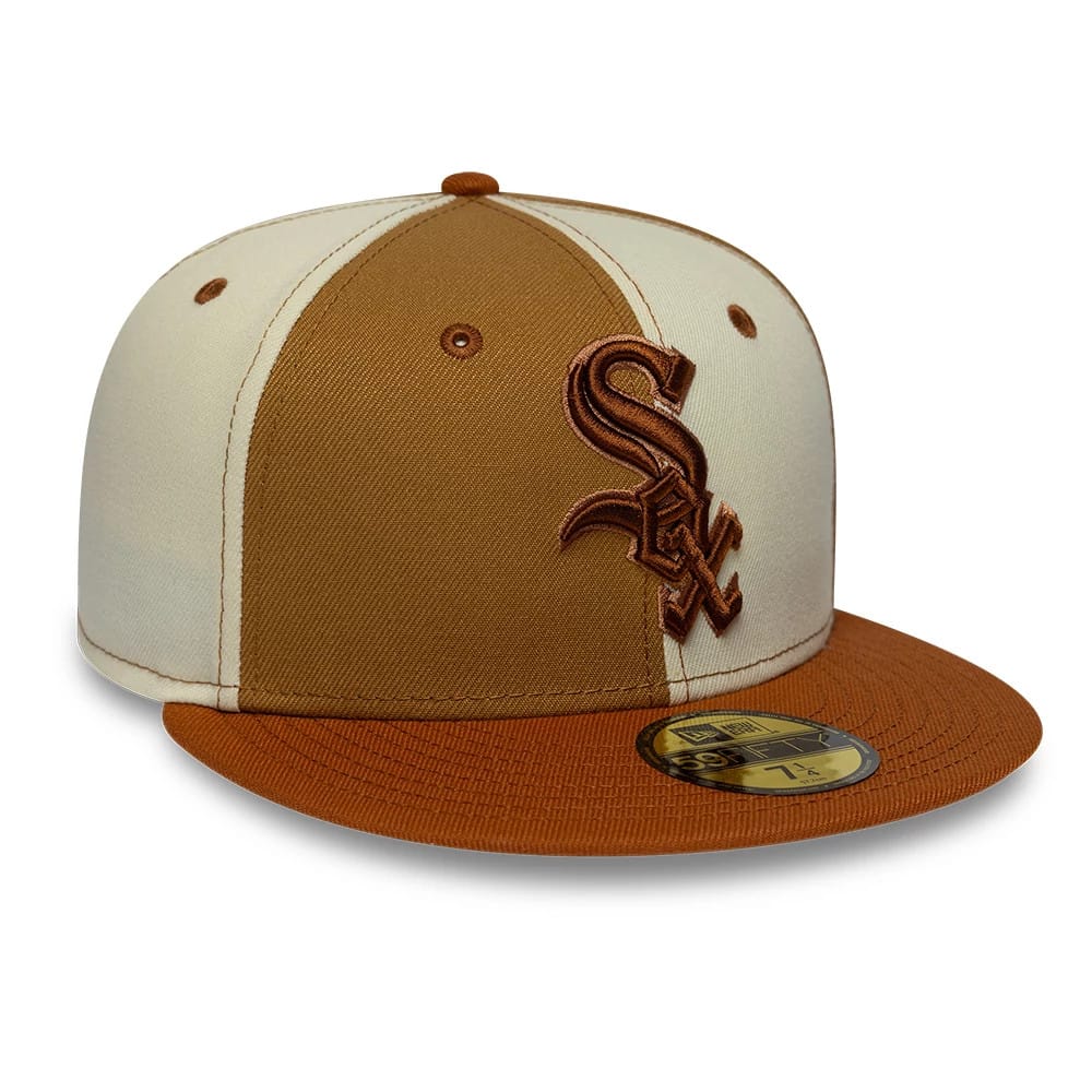 Chicago White Sox MLB Contrast White New Era 59FIFTY Fitted Cap, front view showing the raised brown embroidered logo on the two-tone white and brown crown, with a brown flat visor and a gold 59FIFTY size sticker on the top.