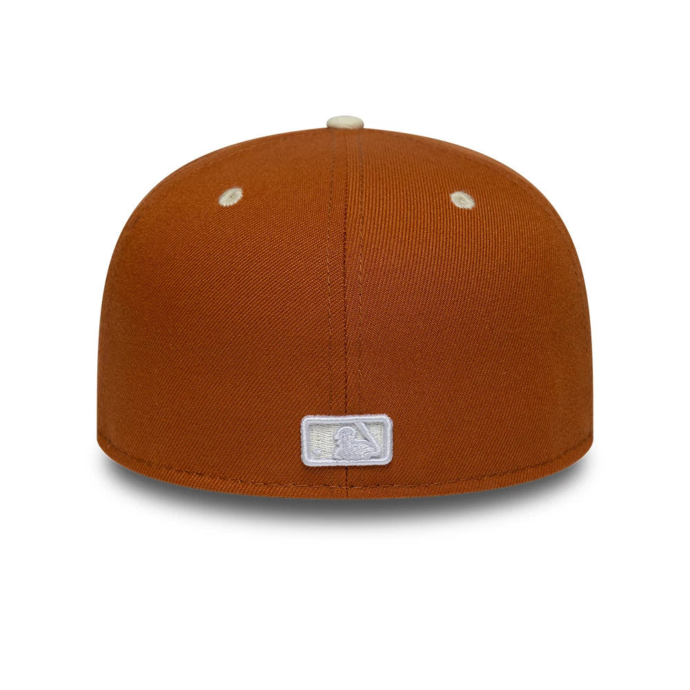 New York Yankees MLB Contrast Brown New Era 59FIFTY Fitted Cap, rear view showing the white embroidered MLB Batterman logo at the centre back, with contrast eyelets and top button against the structured brown crown.