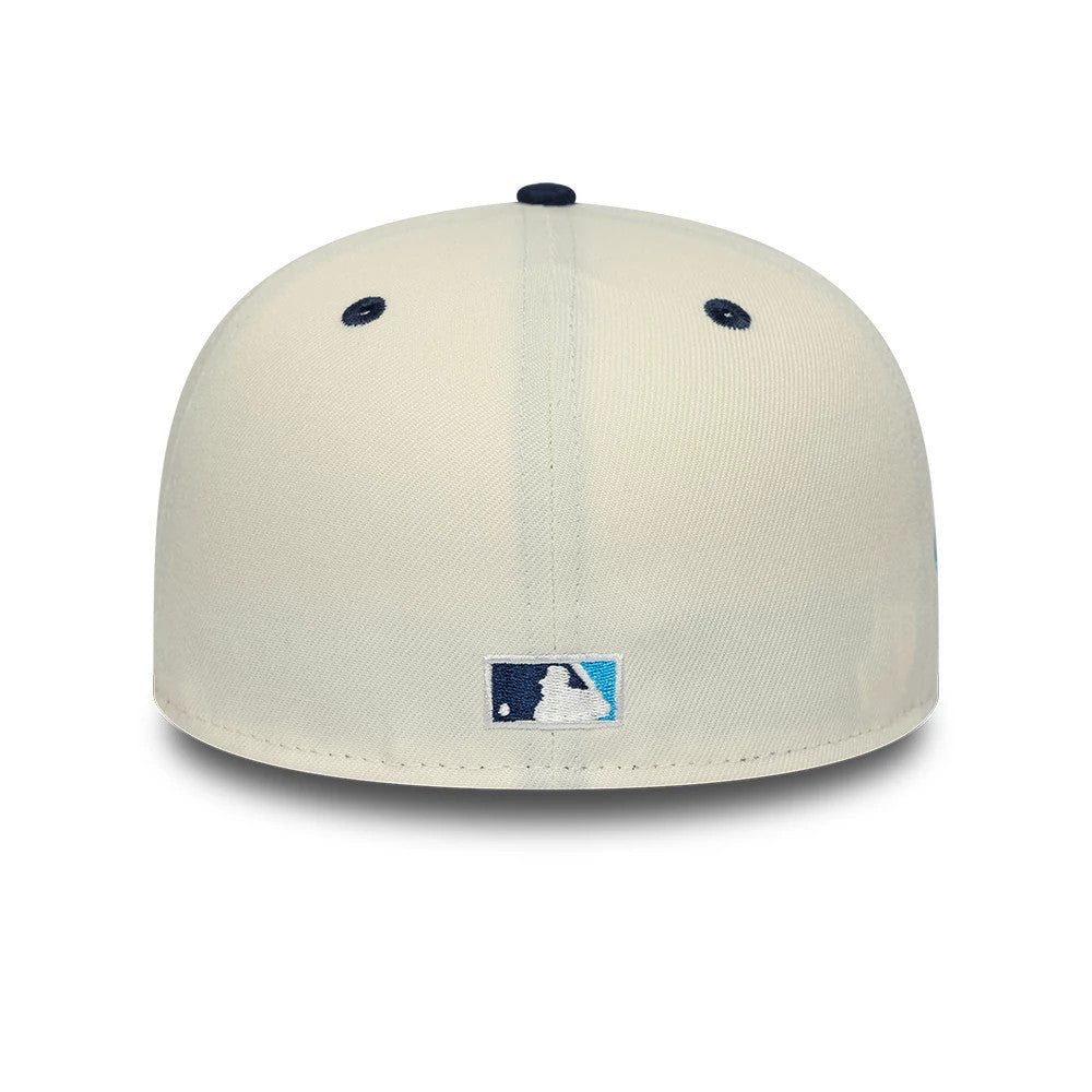 LA Dodgers MLB White New Era 59FIFTY A-Frame Fitted Cap, rear view showing the embroidered MLB Batterman logo at the centre back in blue and white, with contrasting dark eyelets and a top button on the white structured crown.