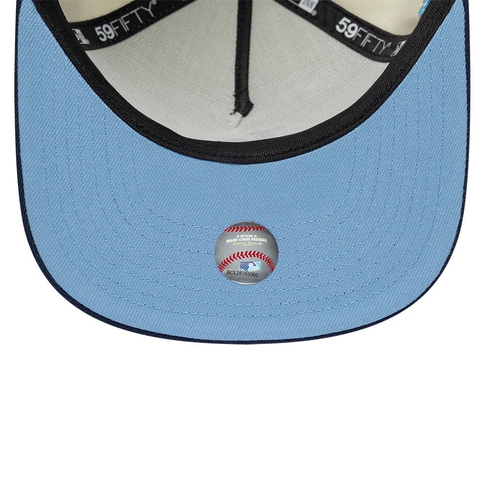 LA Dodgers MLB White New Era 59FIFTY A-Frame Fitted Cap, inside view showing a light blue undervisor with a baseball-themed sticker, black taping with 59FIFTY branding, and a white sweatband for added comfort.