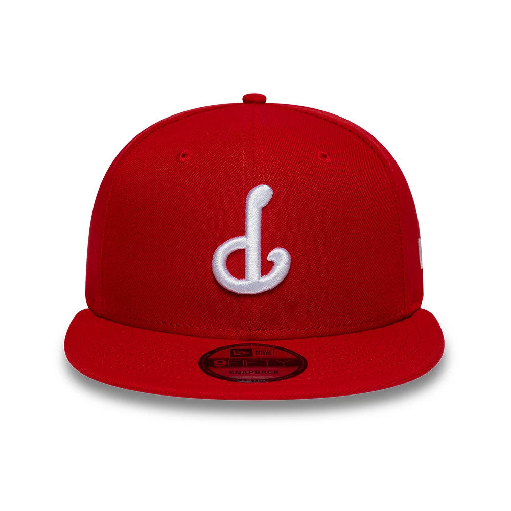 Philadelphia Phillies MLB Upside Down Red New Era 9FIFTY Snapback Cap, front view showing a raised white embroidered upside-down Phillies logo on the structured red crown, with a flat red visor and a black 9FIFTY size sticker on the visor.