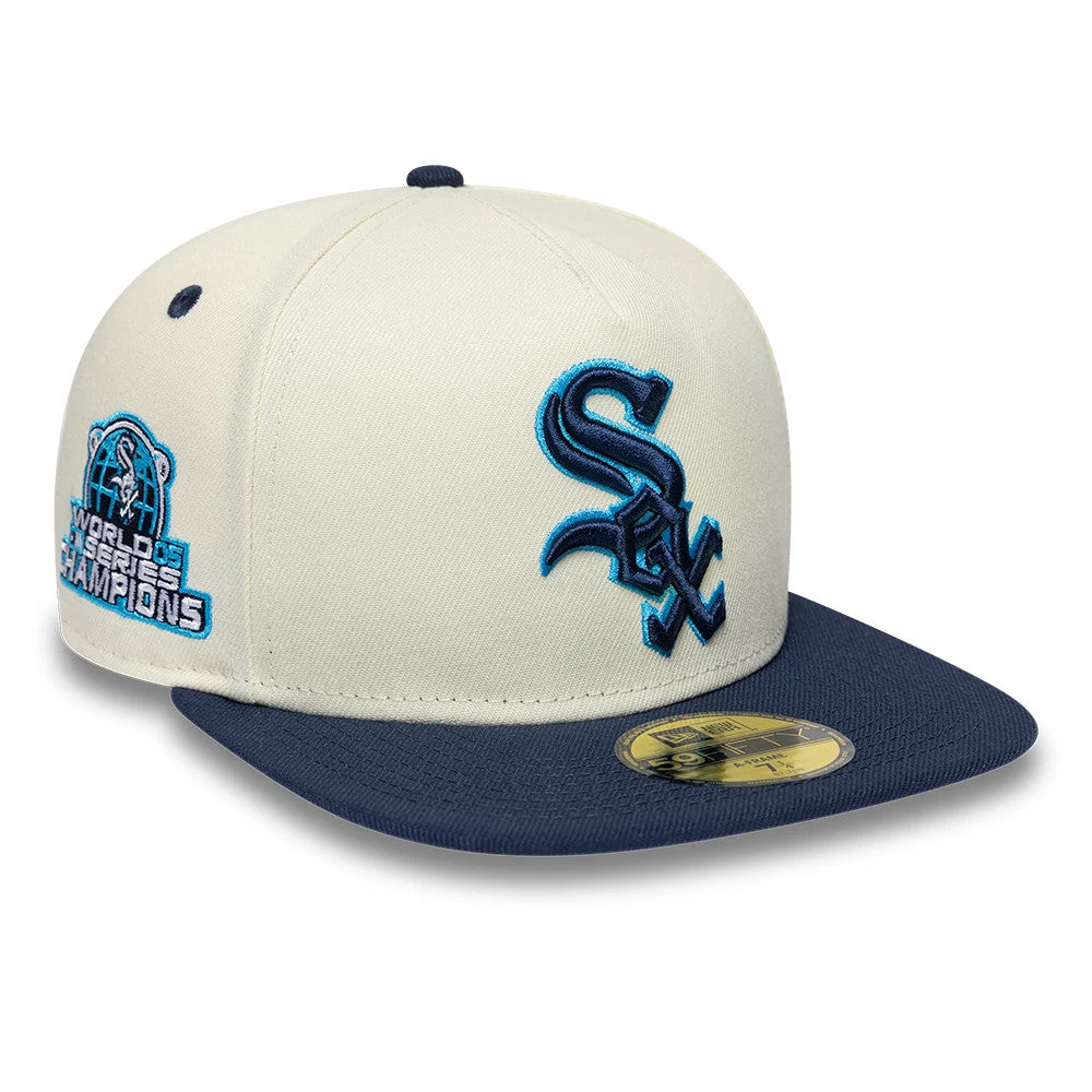 Chicago White Sox MLB White New Era 59FIFTY A-Frame Fitted Cap, three-quarter view showing the blue and navy embroidered logo on the front panel, the World Series Champions patch on the side, and a dark navy flat visor with gold 59FIFTY size sticker.