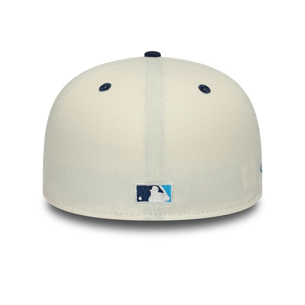 Chicago White Sox MLB White New Era 59FIFTY A-Frame Fitted Cap, rear view showing the embroidered MLB Batterman logo in blue and white centred at the back, with dark eyelets on a structured white crown and top button.