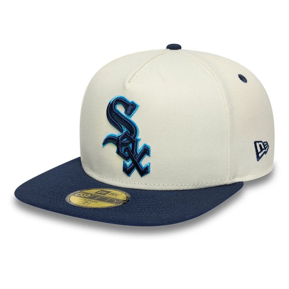 Chicago White Sox MLB White New Era 59FIFTY A-Frame Fitted Cap, three-quarter view showing the blue embroidered White Sox logo on the structured white crown, complemented by a navy flat visor with a gold 59FIFTY size sticker.