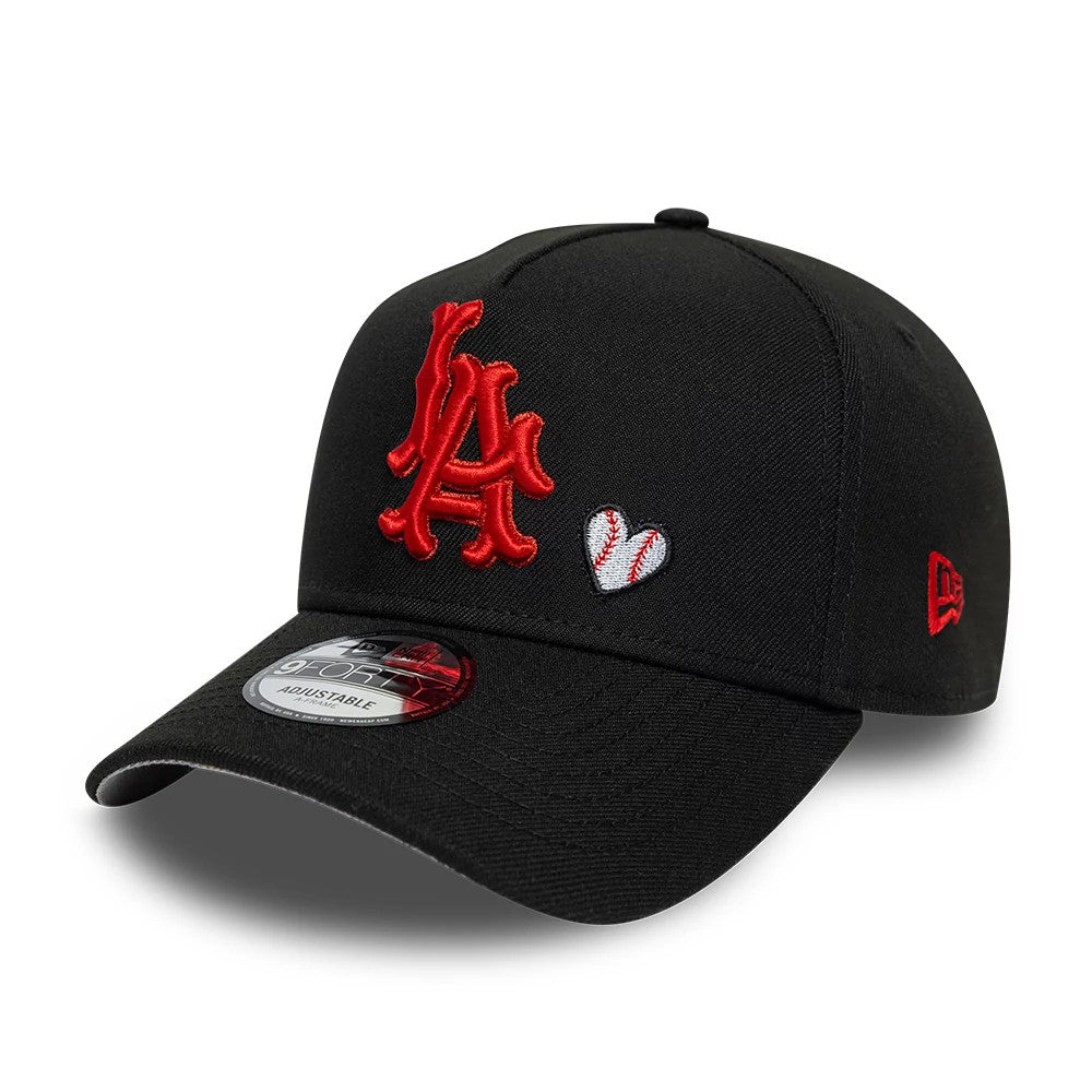 Pictured is this MLB Heart LA Angels 9FORTY A-Frame Adjustable cap in black. 1