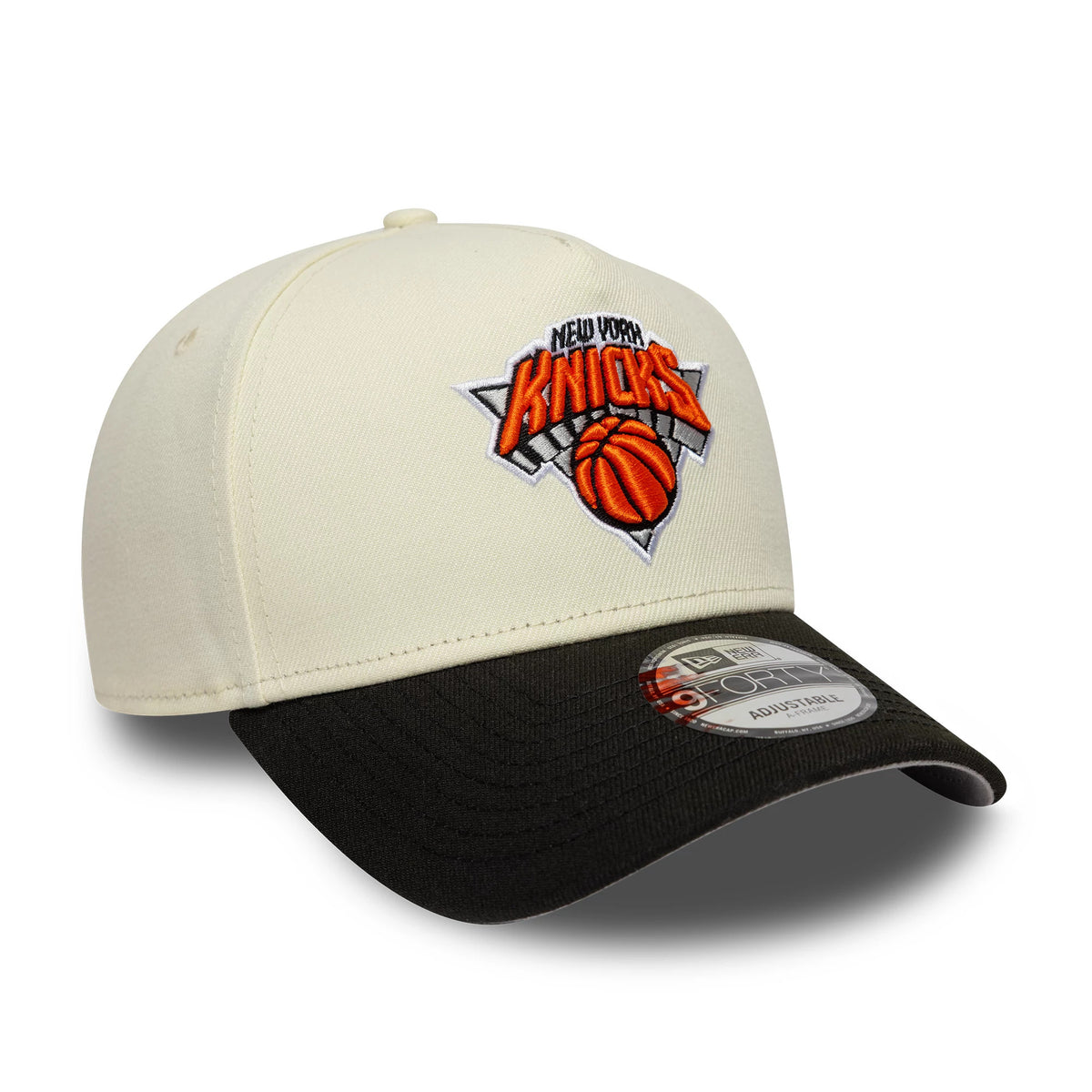 Pictured is this NBA New York Knicks 9FORTY A-Frame cap in white and black. 4