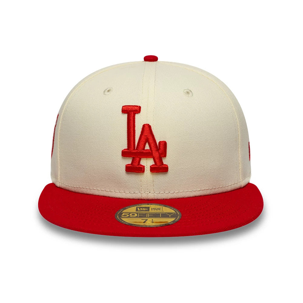 Pictured is this MLB Chrome Scarlet LA Dodgers 59FIFTY Fitted cap in cream. 2