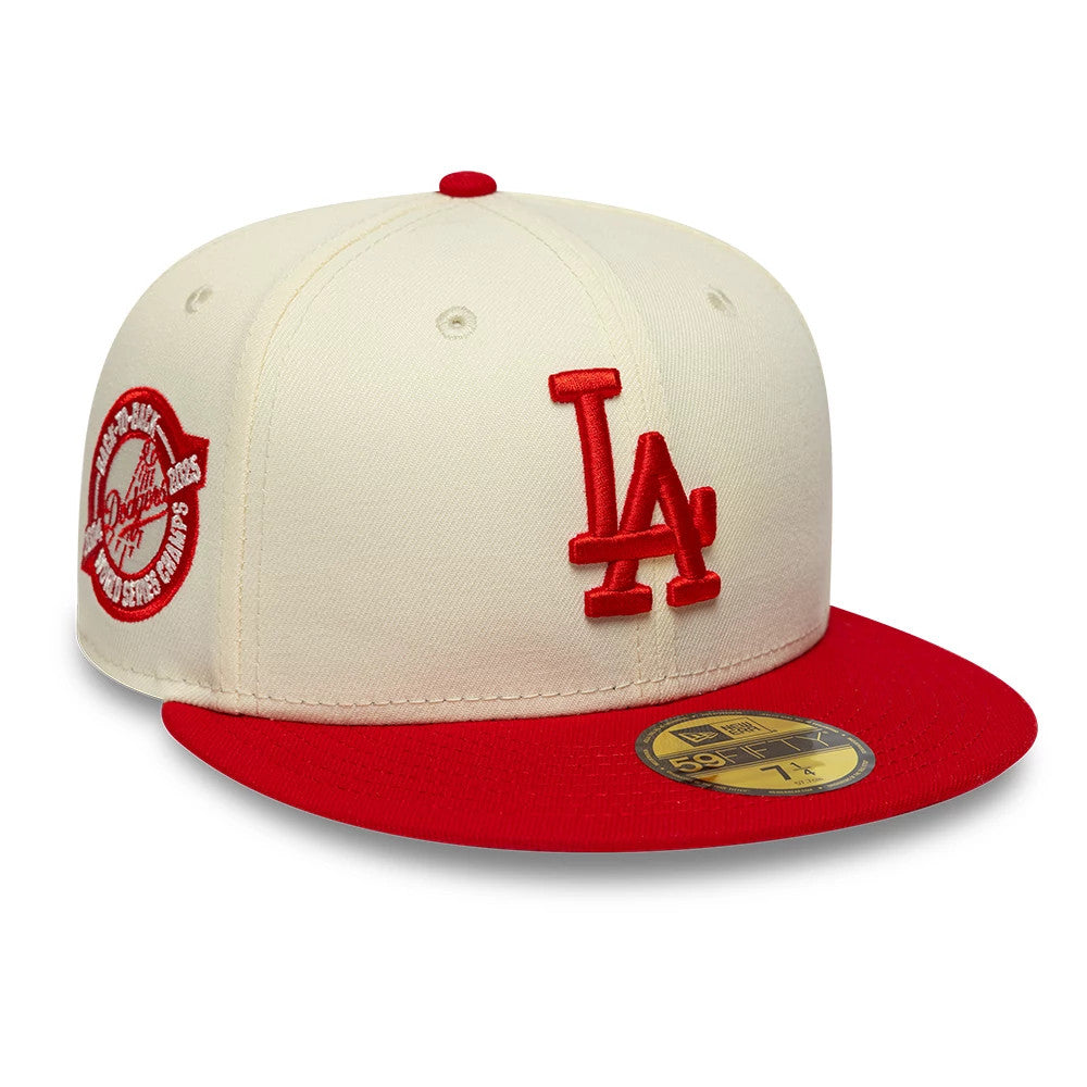 LA Dodgers MLB Chrome Scarlet Cream New Era 59FIFTY Fitted Cap, three-quarter view showing the raised red embroidered LA logo on the front panel, a matching red undervisor, and the 59FIFTY size sticker on the red flat visor.