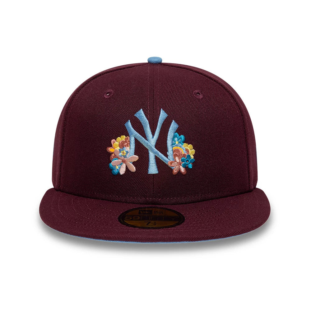 Pictured is this MLB Floral New York Yankees 59FIFTY Fitted cap in dark purple. 3