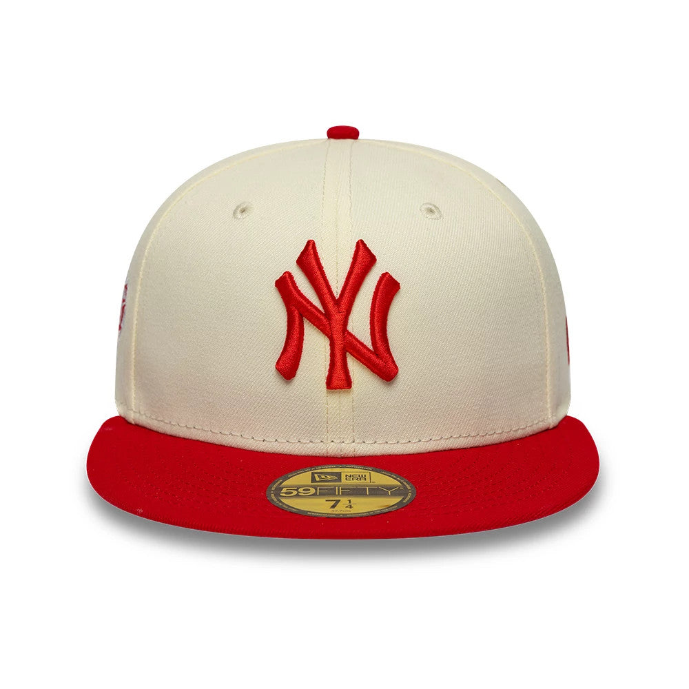 Pictured is this MLB Chrome Scarlet New York Yankees 59FIFTY Fitted cap in cream. 2