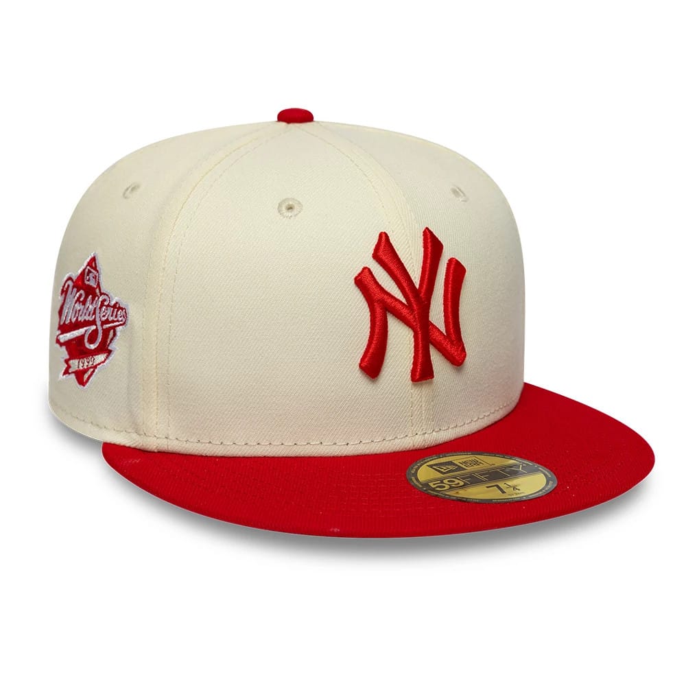 Pictured is this MLB Chrome Scarlet New York Yankees 59FIFTY Fitted cap in cream. 1
