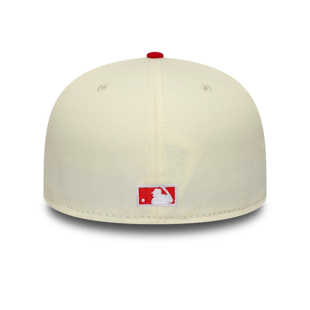 Pictured is this MLB Chrome Scarlet New York Yankees 59FIFTY Fitted cap in cream. 4