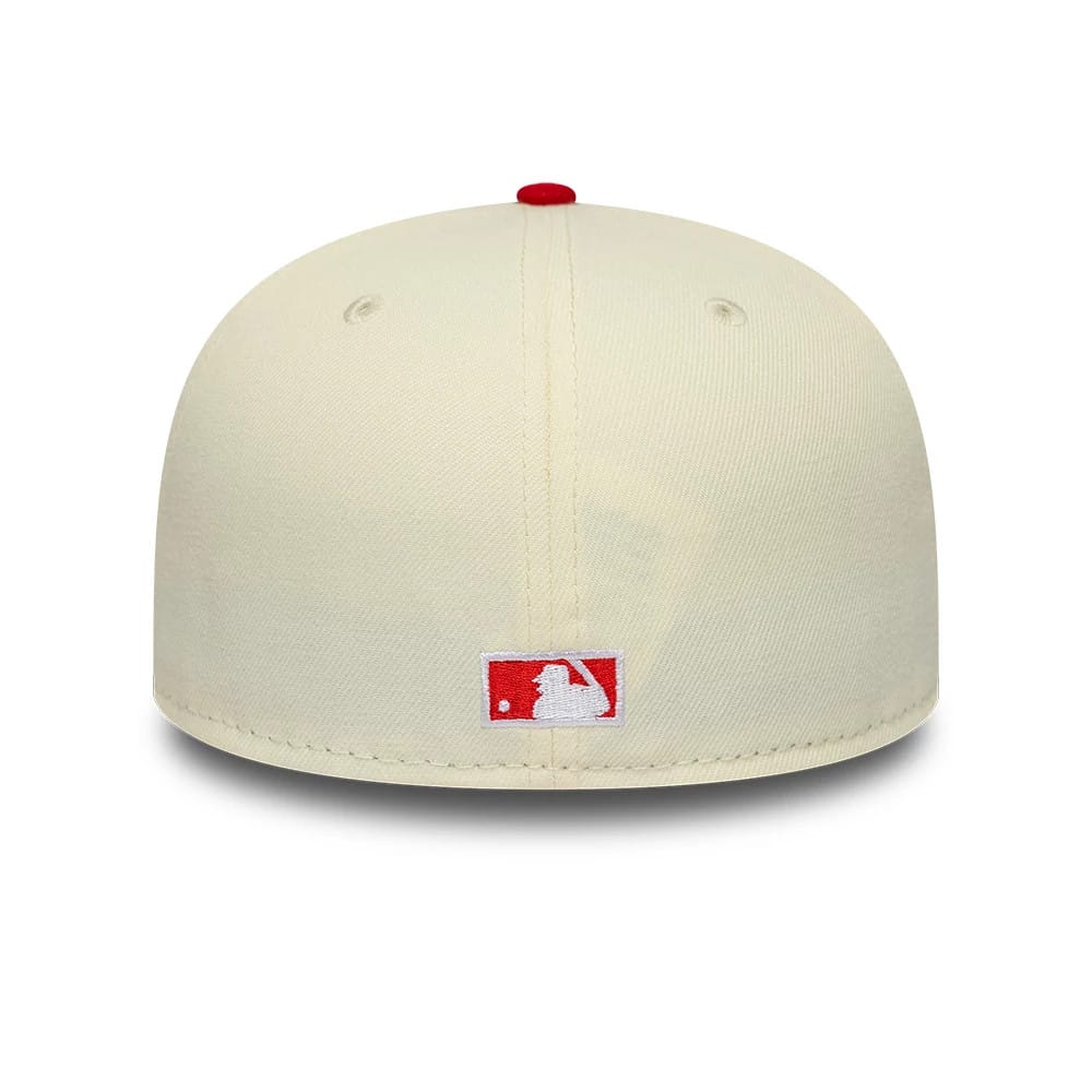 Pictured is this MLB Chrome Scarlet New York Yankees 59FIFTY Fitted cap in cream. 4