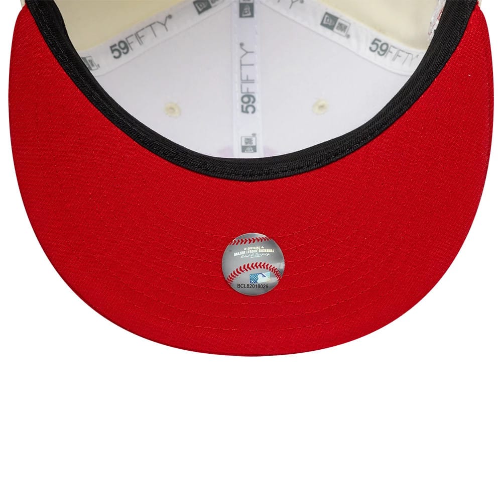 Pictured is this MLB Chrome Scarlet New York Yankees 59FIFTY Fitted cap in cream. 7